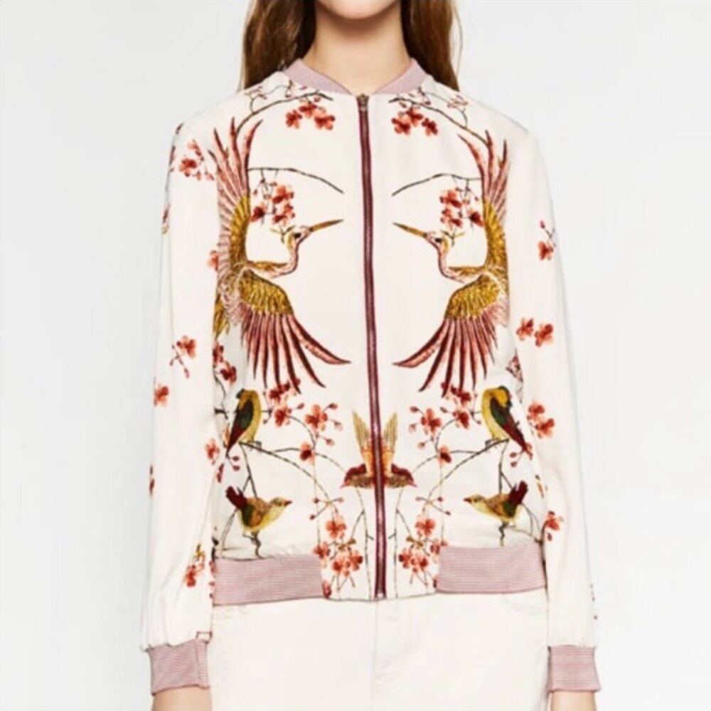 TRF Outerwear Cherry Blossom Crane Bomber Jacket Cream Pink Small